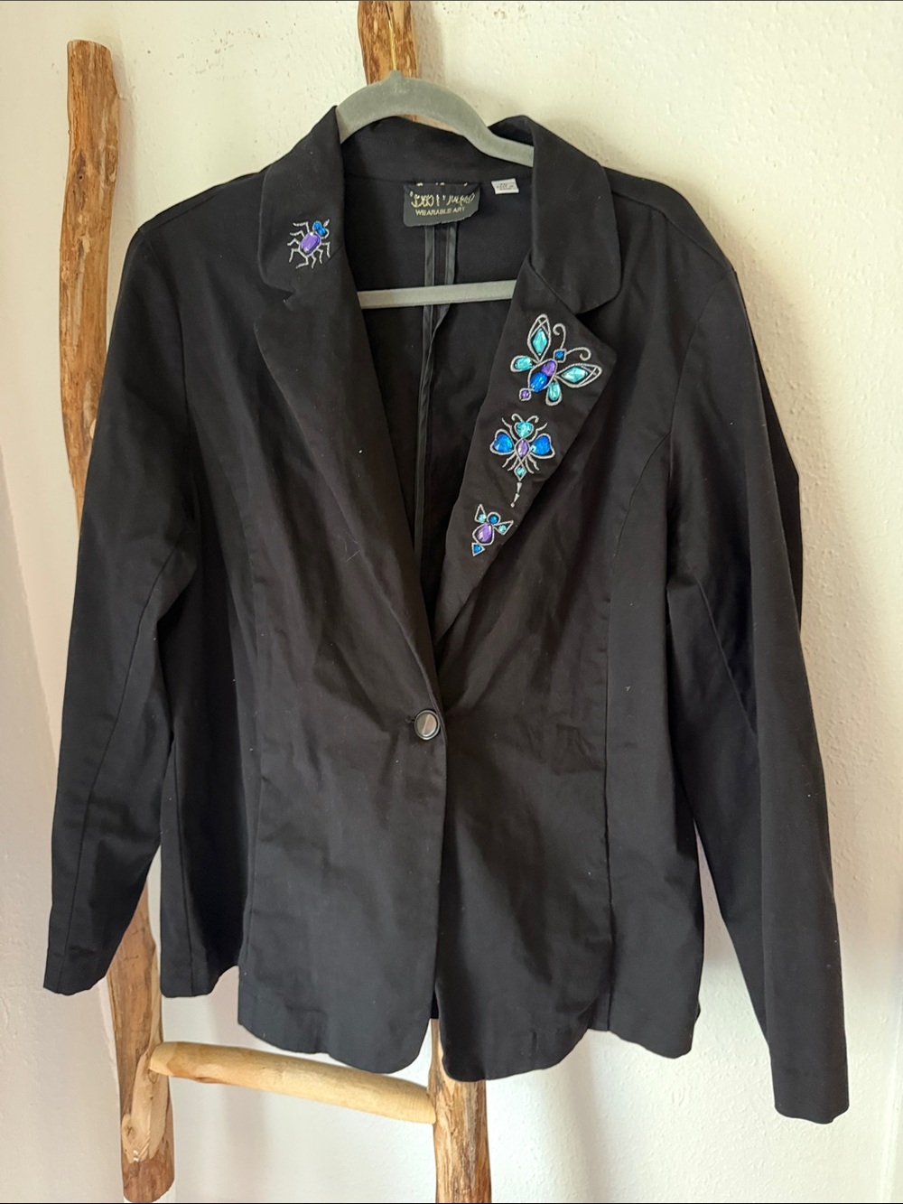 Bob Mackie Black Cotton Blazer Blue and Purple Butterfly Bug Embroidery Gems XL